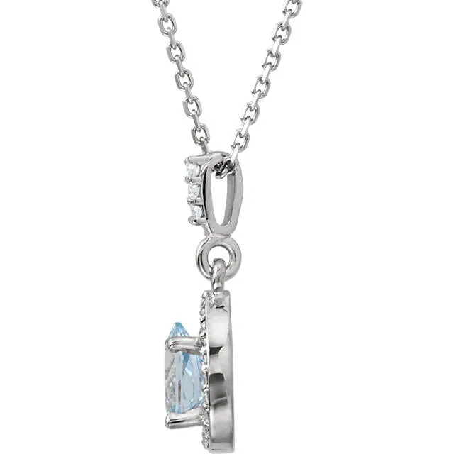 14k White Gold Aquamarine Pear Teardrop & Diamond Halo Necklace