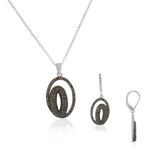925 Sterling Silver White Clear Brown CZ Pendant Drop Dangle Earrings Set