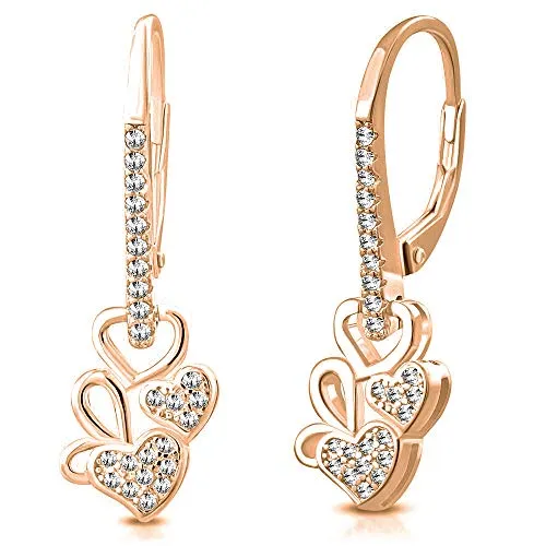 925 Sterling Silver Yellow Gold-Tone White Clear CZ Love Heart Drop Dangle Earrings, 1.15"