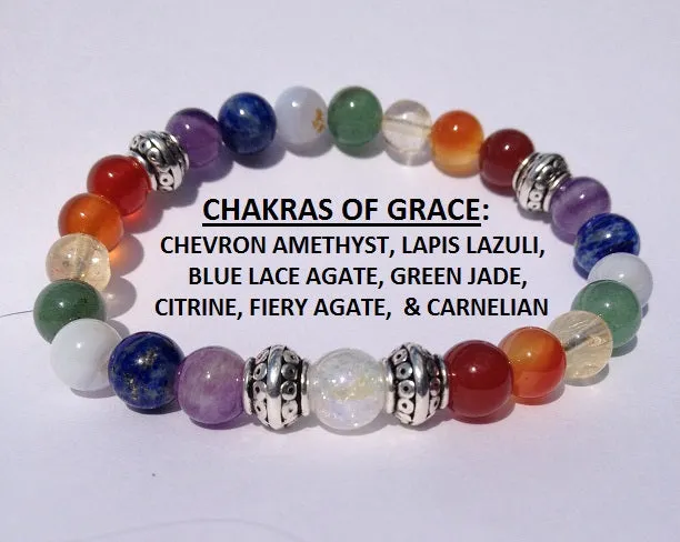 Chakras of Grace: Chevron Amethyst, Lapis Lazuli, Blue Lace Agate, Jade, Citrine, Fire Agate, Carnelian & Crystal Quartz Gemstone Beaded Energy Bracelet