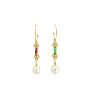 Diamond Ruby Emerald Pearl Dangle Earrings
