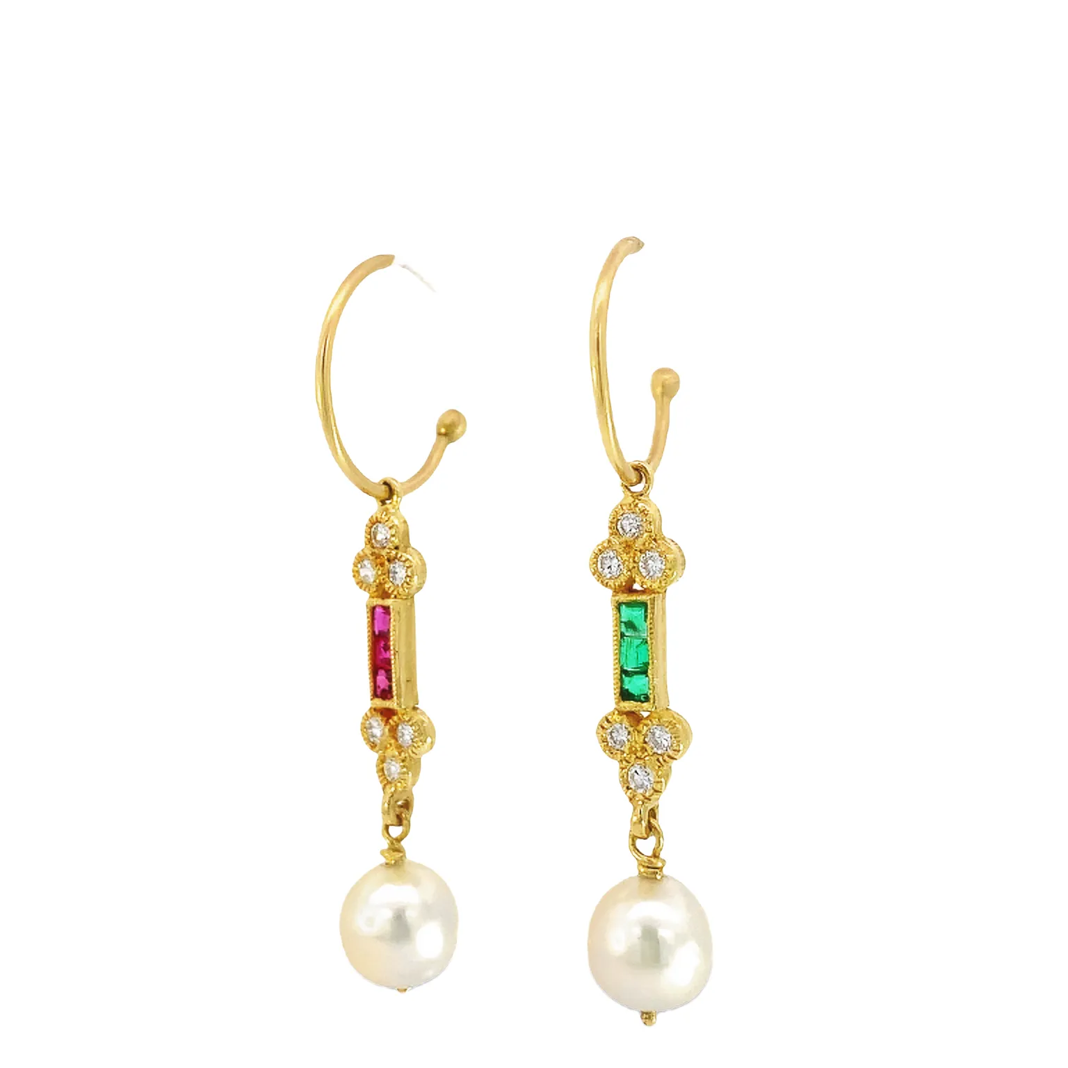 Diamond Ruby Emerald Pearl Dangle Earrings