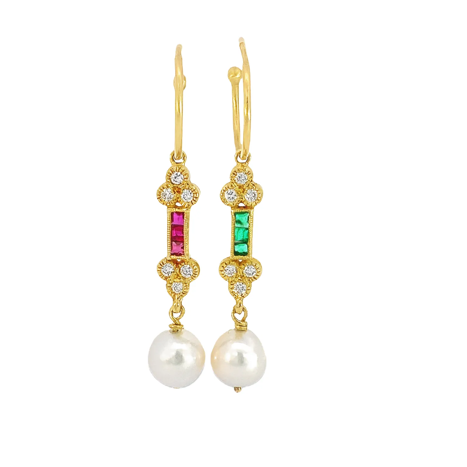 Diamond Ruby Emerald Pearl Dangle Earrings