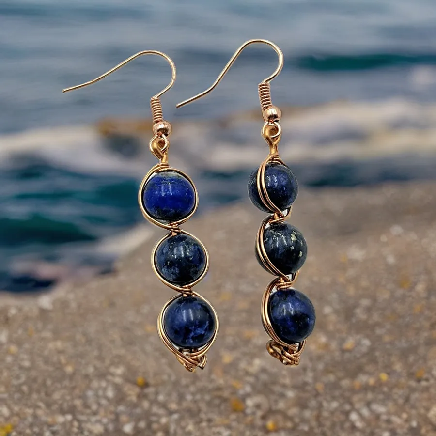 Lapis Lazuli, Copper wire wrapped, Earrings