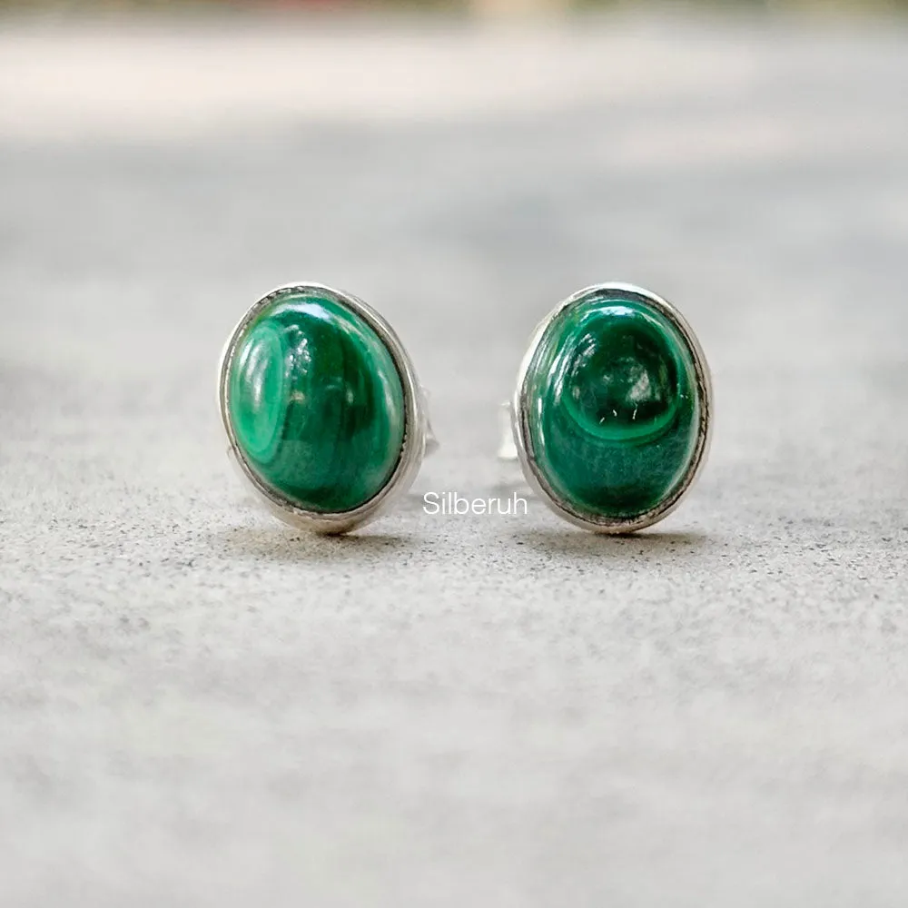 Malachite Silver Oval Stud