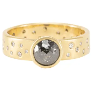 OOAK Round Rose Cut Black Diamond Ring   Scattered VS Diamonds - 18k Gold   Diamonds  6.75