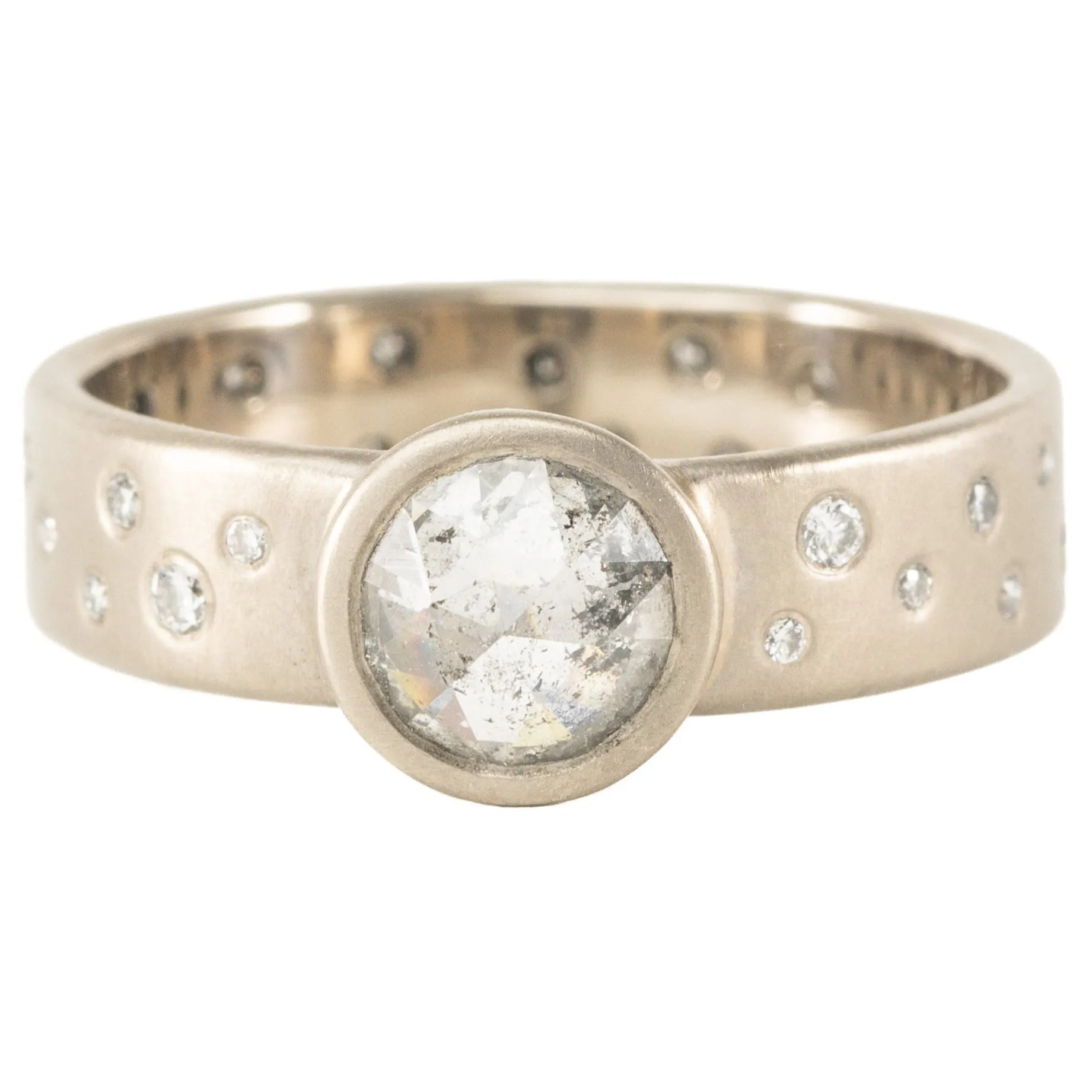 OOAK Round Rose Cut Salt Pepper Diamond Ring Scattered VS Diamonds - 18k Palladium White Gold Diamonds 7