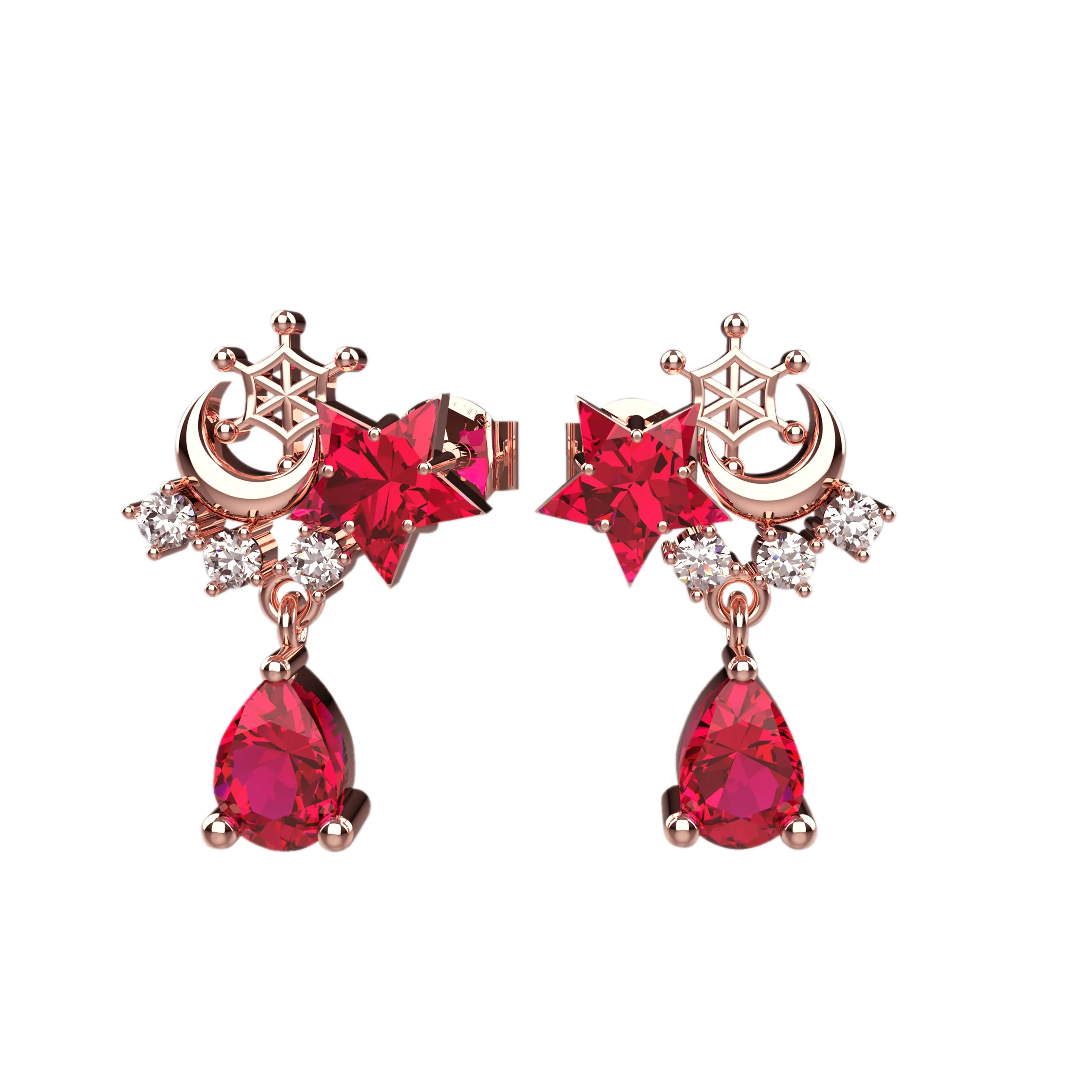 Pink CZ Gems Dangling Moon Ear Stud