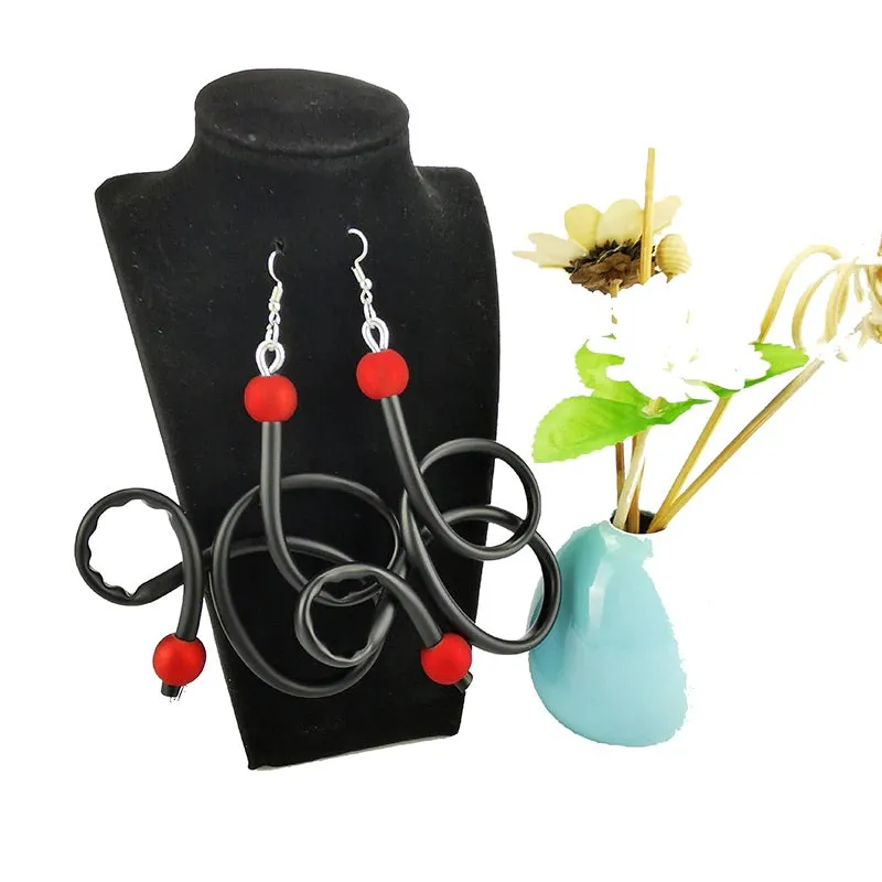 Recycled Rubber/Silicone Swirl Earrings with Faux Red Pearl Accents Dangle Earrings