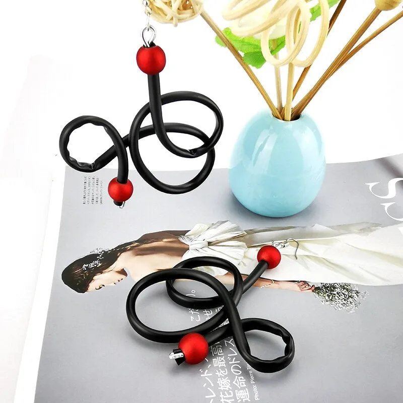 Recycled Rubber/Silicone Swirl Earrings with Faux Red Pearl Accents Dangle Earrings
