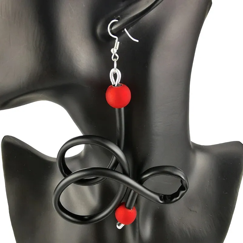 Recycled Rubber/Silicone Swirl Earrings with Faux Red Pearl Accents Dangle Earrings