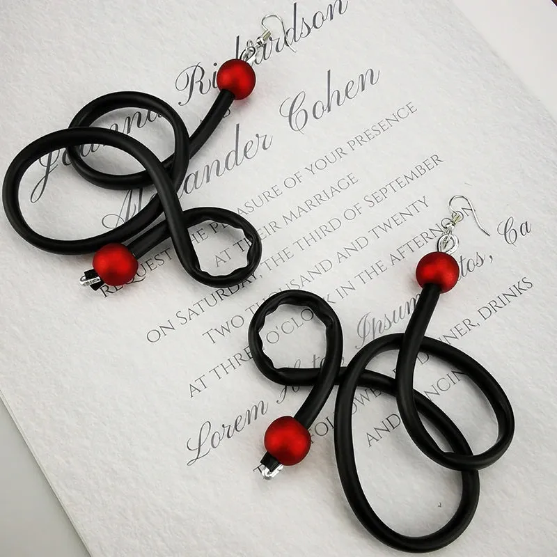 Recycled Rubber/Silicone Swirl Earrings with Faux Red Pearl Accents Dangle Earrings