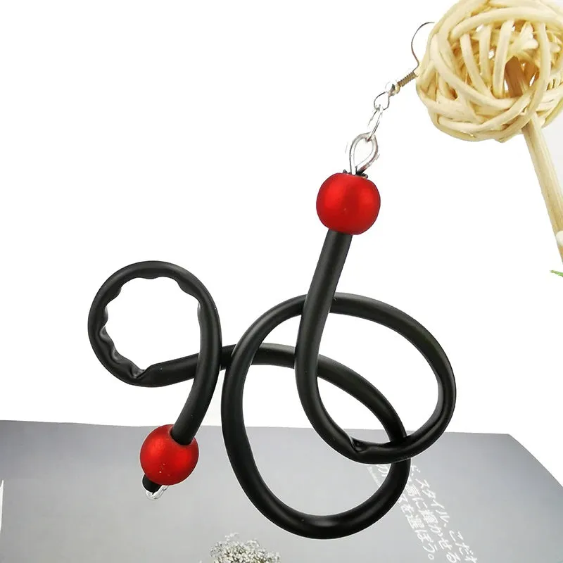 Recycled Rubber/Silicone Swirl Earrings with Faux Red Pearl Accents Dangle Earrings