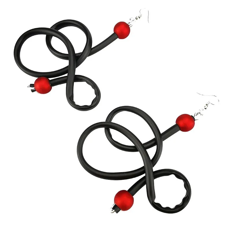 Recycled Rubber/Silicone Swirl Earrings with Faux Red Pearl Accents Dangle Earrings