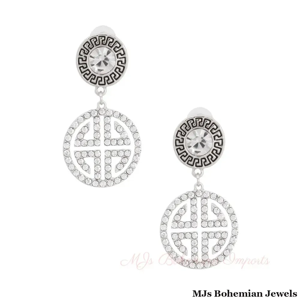 Silver Round Crystal Greek Key Earrings