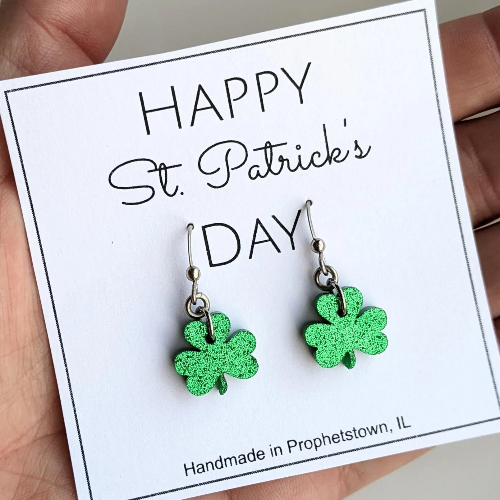 St. Patrick’s Day Glitter Dangle Shamrock/Clover Earrings