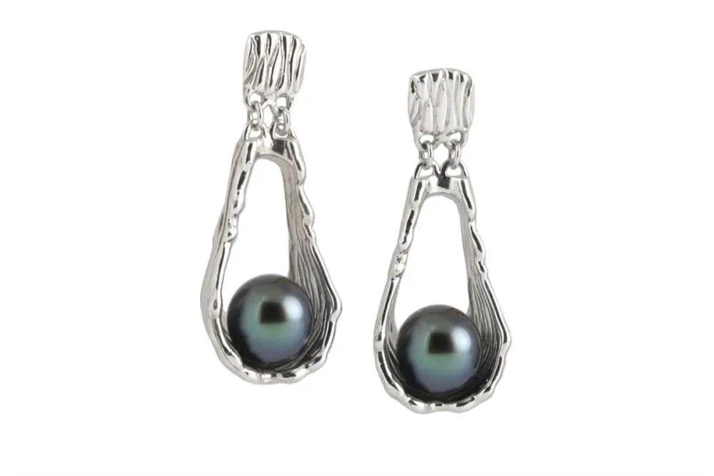 Tahitian Pearl Earrings: Sterling Silver Dangle Earrings with posts