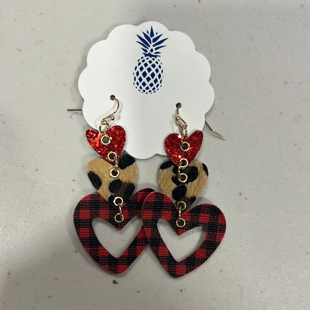 Triple Heart Dangle Earrings - Leopard