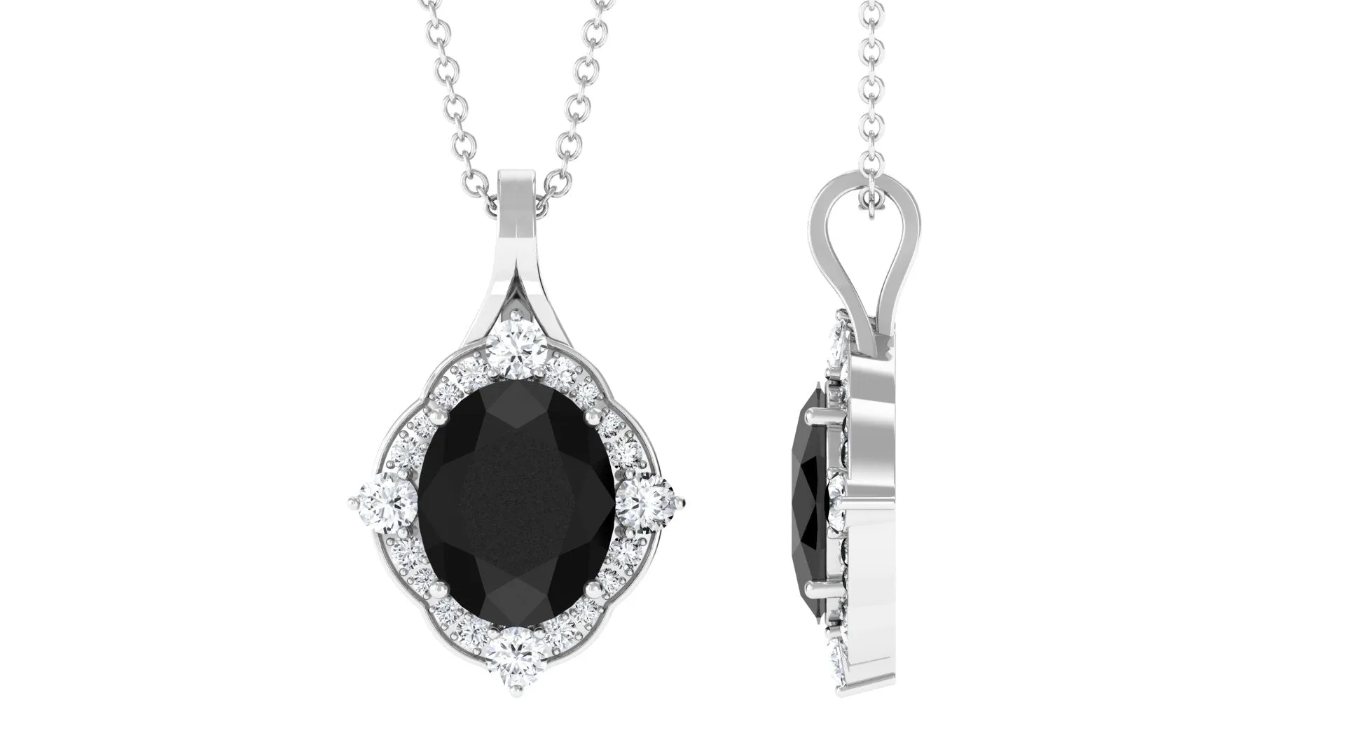 Vintage Style Created Black Diamond Halo Pendant Necklace